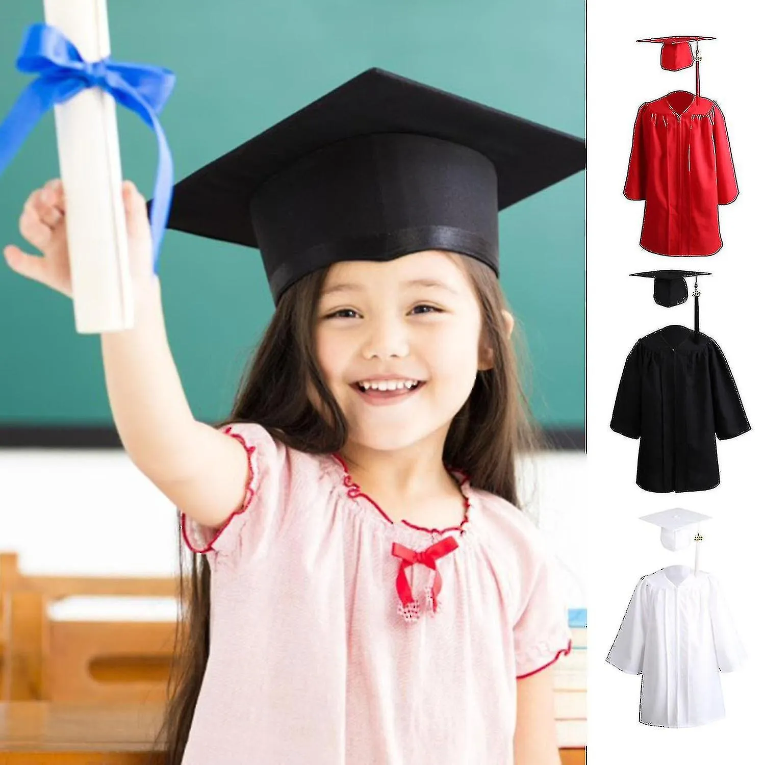 1 Set Graduation Gownzipper With Hat Polyester Kid Academic Dress