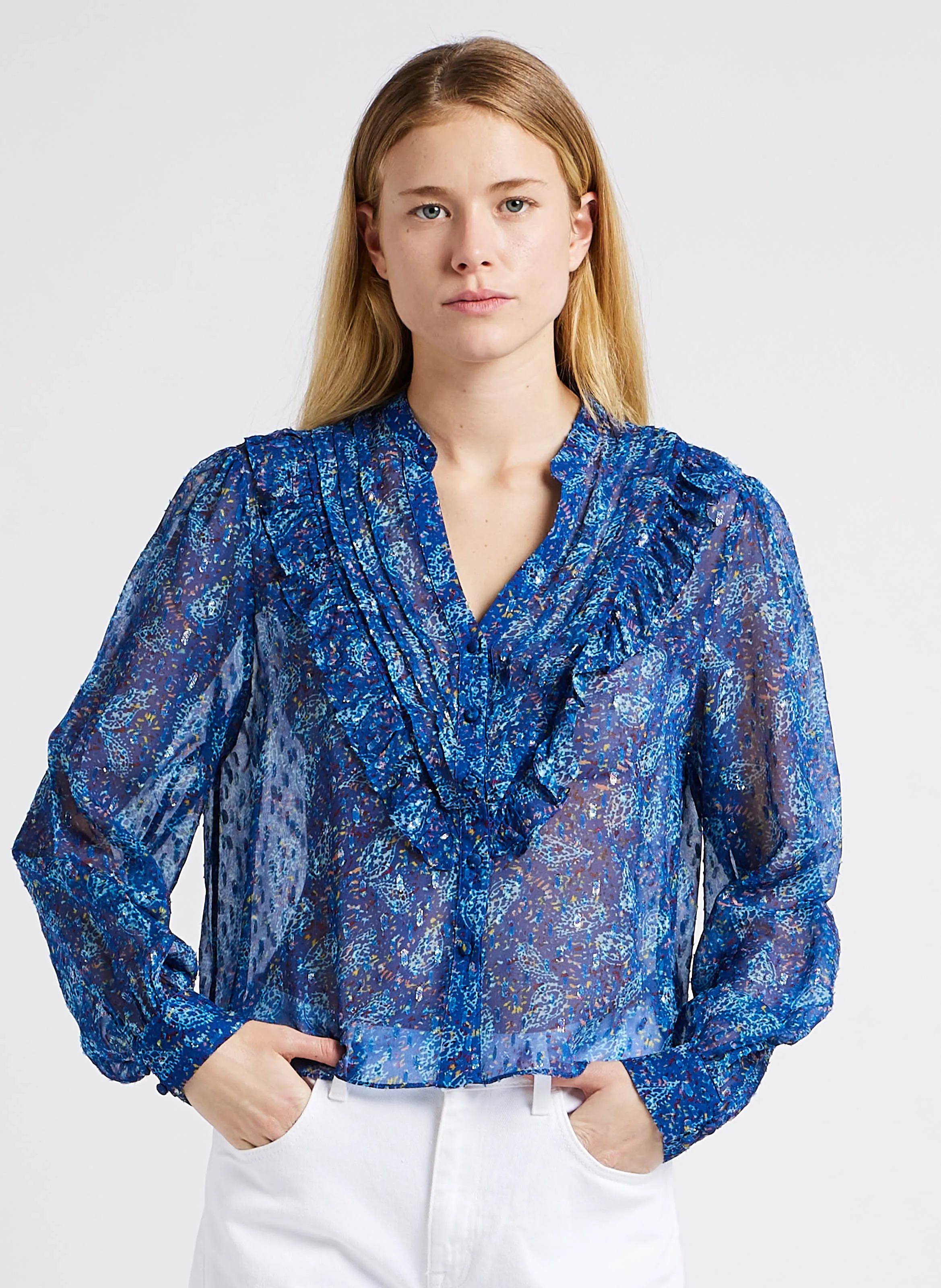 BERENICE CELESTINA - Camisa recta estampada con volantes en azul