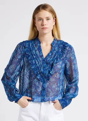 BERENICE CELESTINA - Camisa recta estampada con volantes en azul