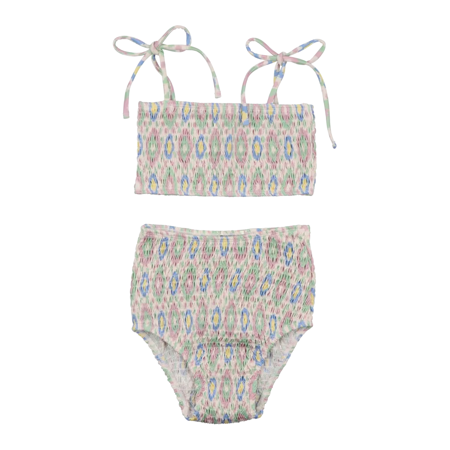 Bikini estampado con smocks en multicolor