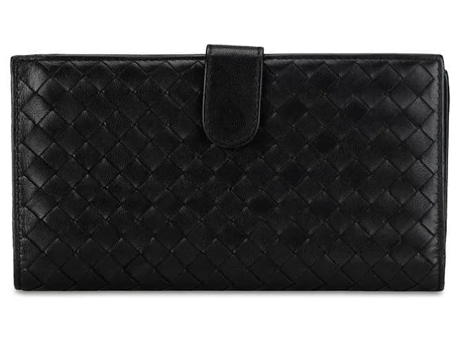 Billetera larga de cuero Intrecciato negra de Bottega Veneta en muy buen estado Negro 