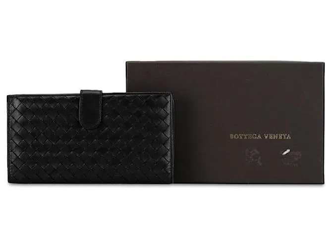 Billetera larga de cuero Intrecciato negra de Bottega Veneta en muy buen estado Negro 