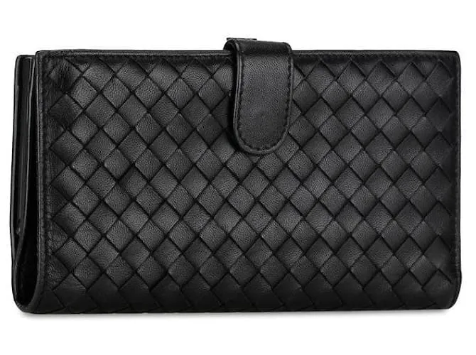 Billetera larga de cuero Intrecciato negra de Bottega Veneta en muy buen estado Negro 