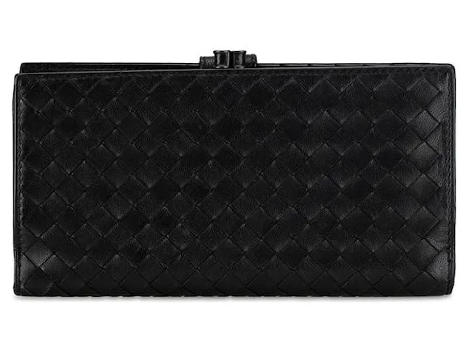 Billetera larga de cuero Intrecciato negra de Bottega Veneta en muy buen estado Negro 