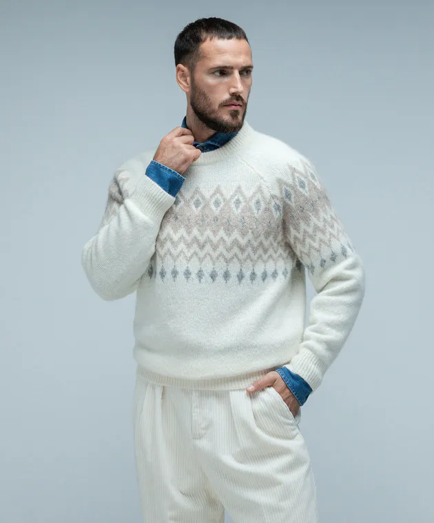 Brunello Cucinelli White sweater with a geometric pattern