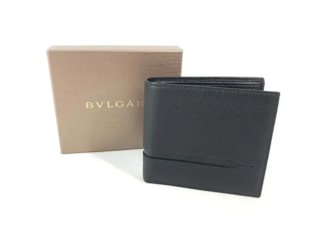 Bulgari Billetera bi-fold de cuero negro Bvlgari 