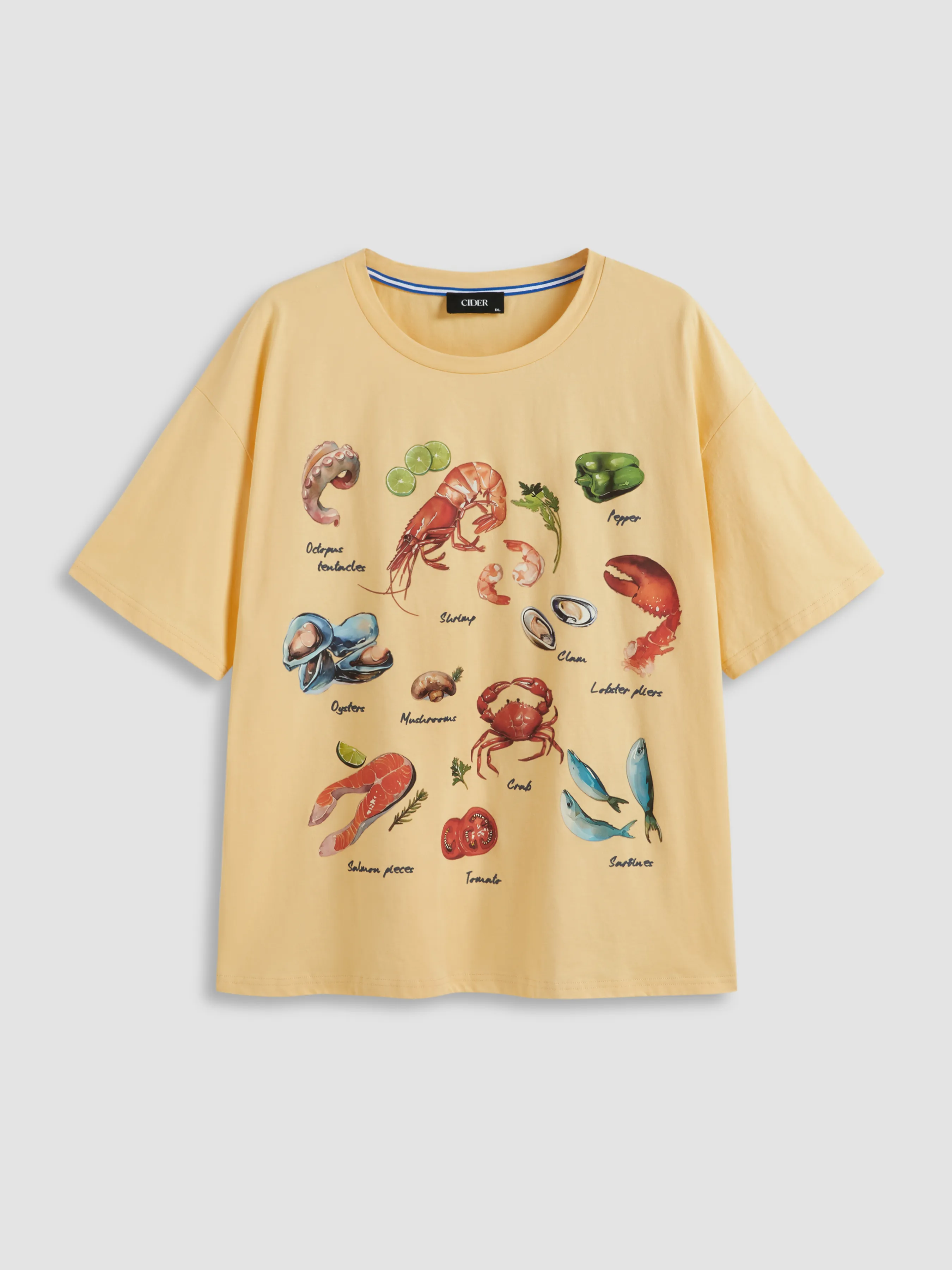 Camiseta de manga corta con gráfico de mariscos y cuello redondo Curvy