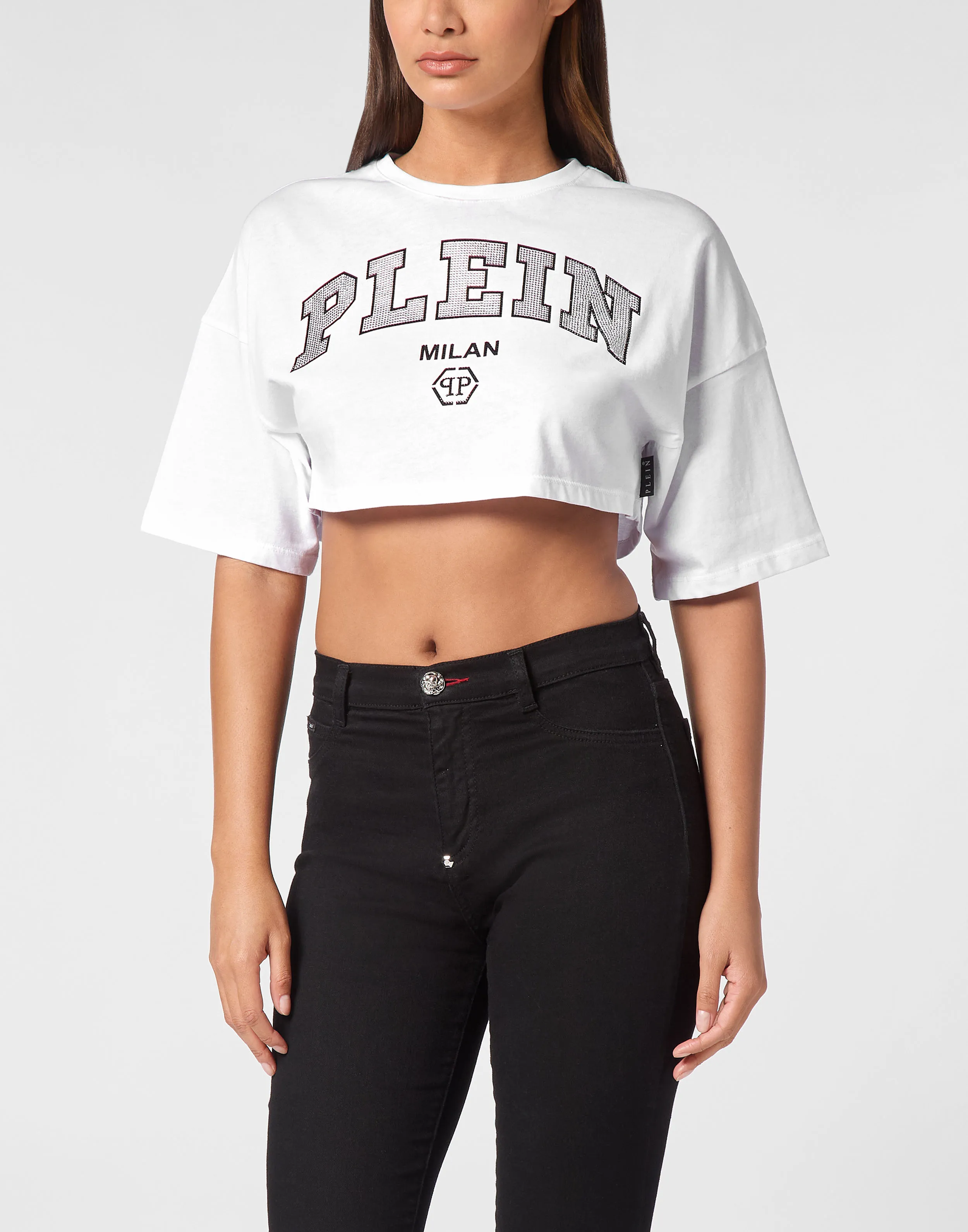 Cropped T-shirt Round Neck SS Strass