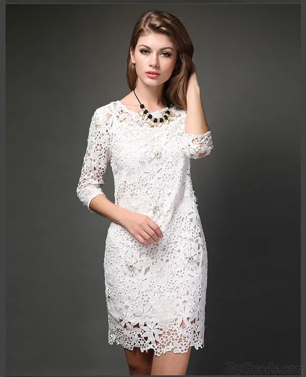 Elegant Flower Nail Beaded Lace Package Hip Slim Sleeve Dress