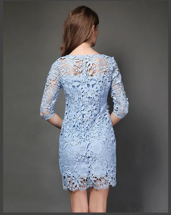 Elegant Flower Nail Beaded Lace Package Hip Slim Sleeve Dress