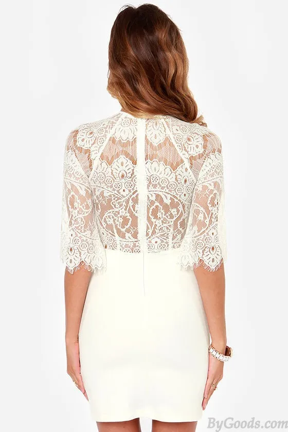 Eyelash Lace Stitching Sexy See-through Back Middle-length Sleeves Dress