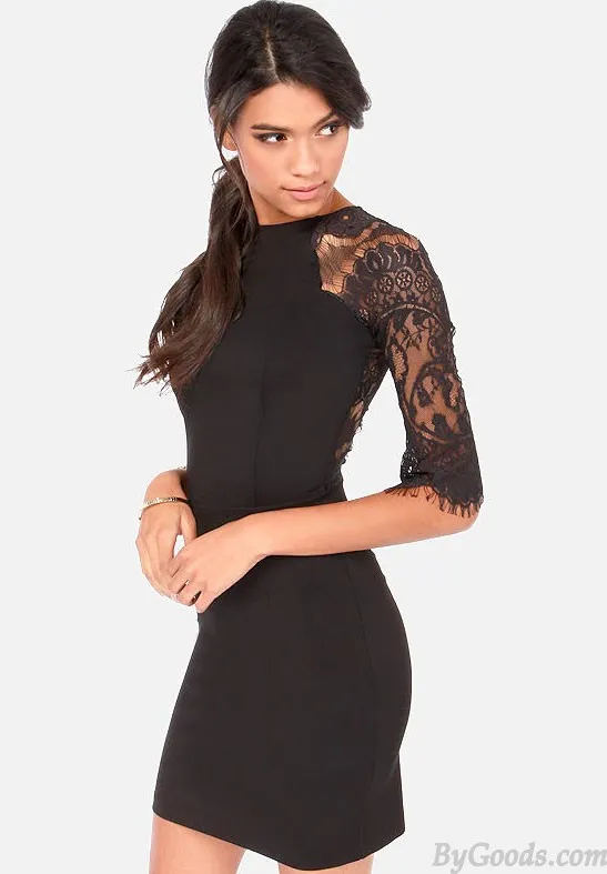 Eyelash Lace Stitching Sexy See-through Back Middle-length Sleeves Dress