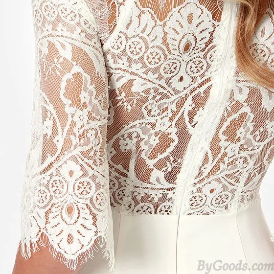 Eyelash Lace Stitching Sexy See-through Back Middle-length Sleeves Dress