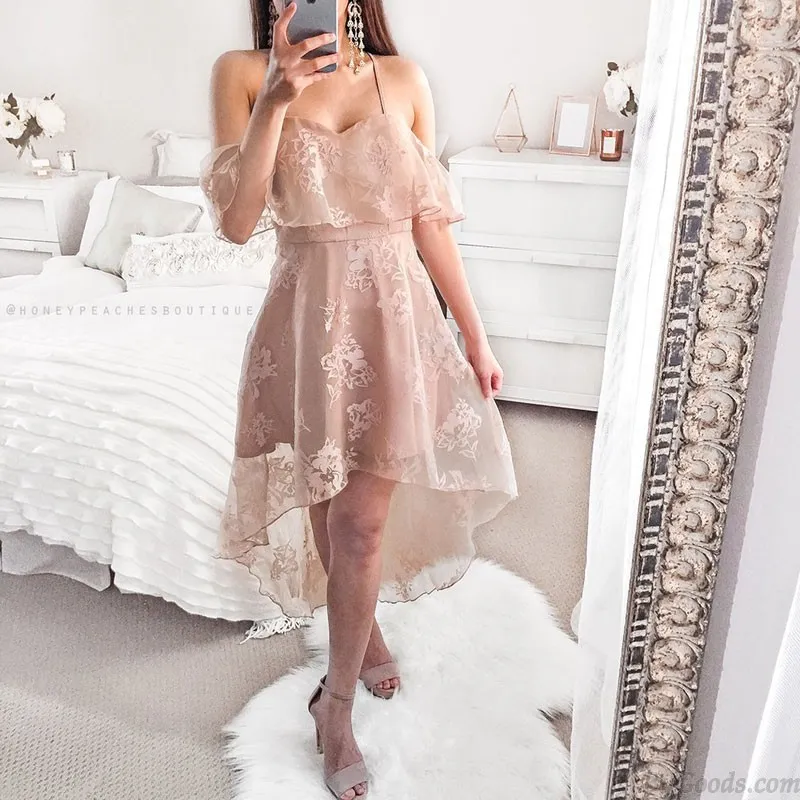 Fashion Khaki Ruffle Irregular Flower Lace Skirt Prom Women's Casual Dress Backless Chiffon Party Dress