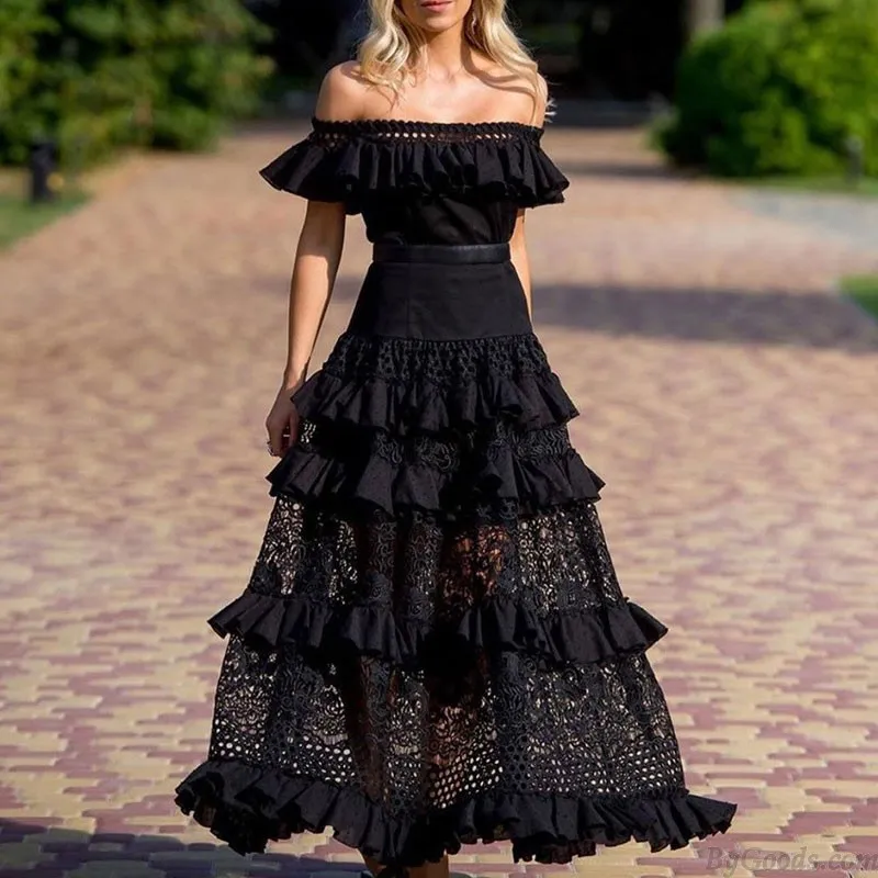 Fashion Off-shoulder Ruffles Floral Lace Hollow Women's Short Sleeve Wedding Swing Dress Bridesmaid Cocktail Party Maxi Dress