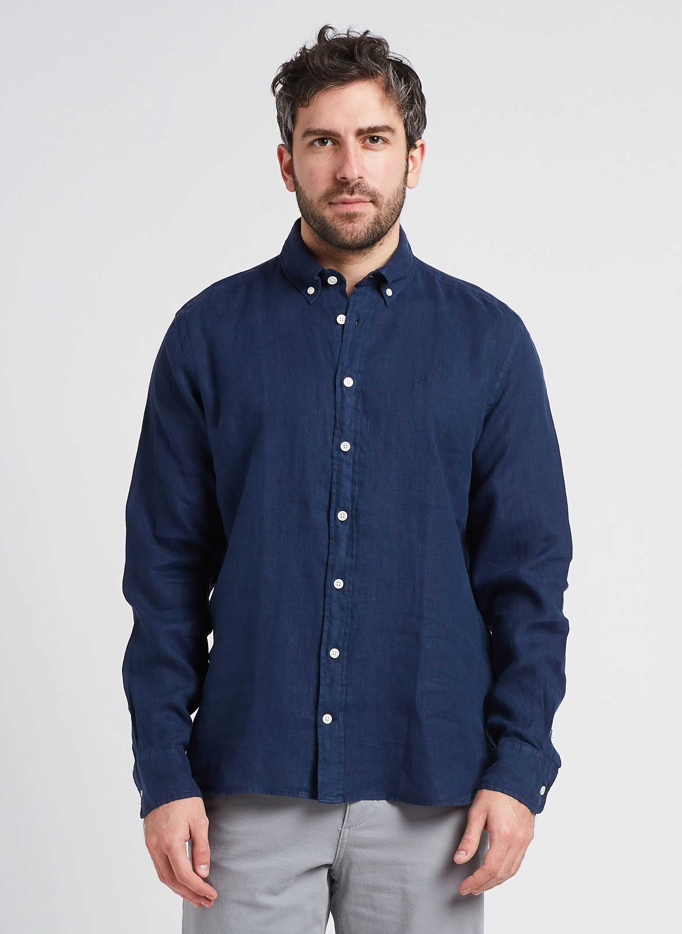 HACKETT Camisa de lino con cuello americano en azul