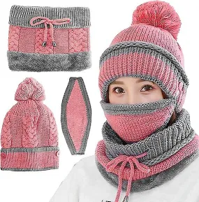 Hat And Scarf Set, Pink Knitted Winter Bobo Hat Scarf, Wind Mask, Warm Suit