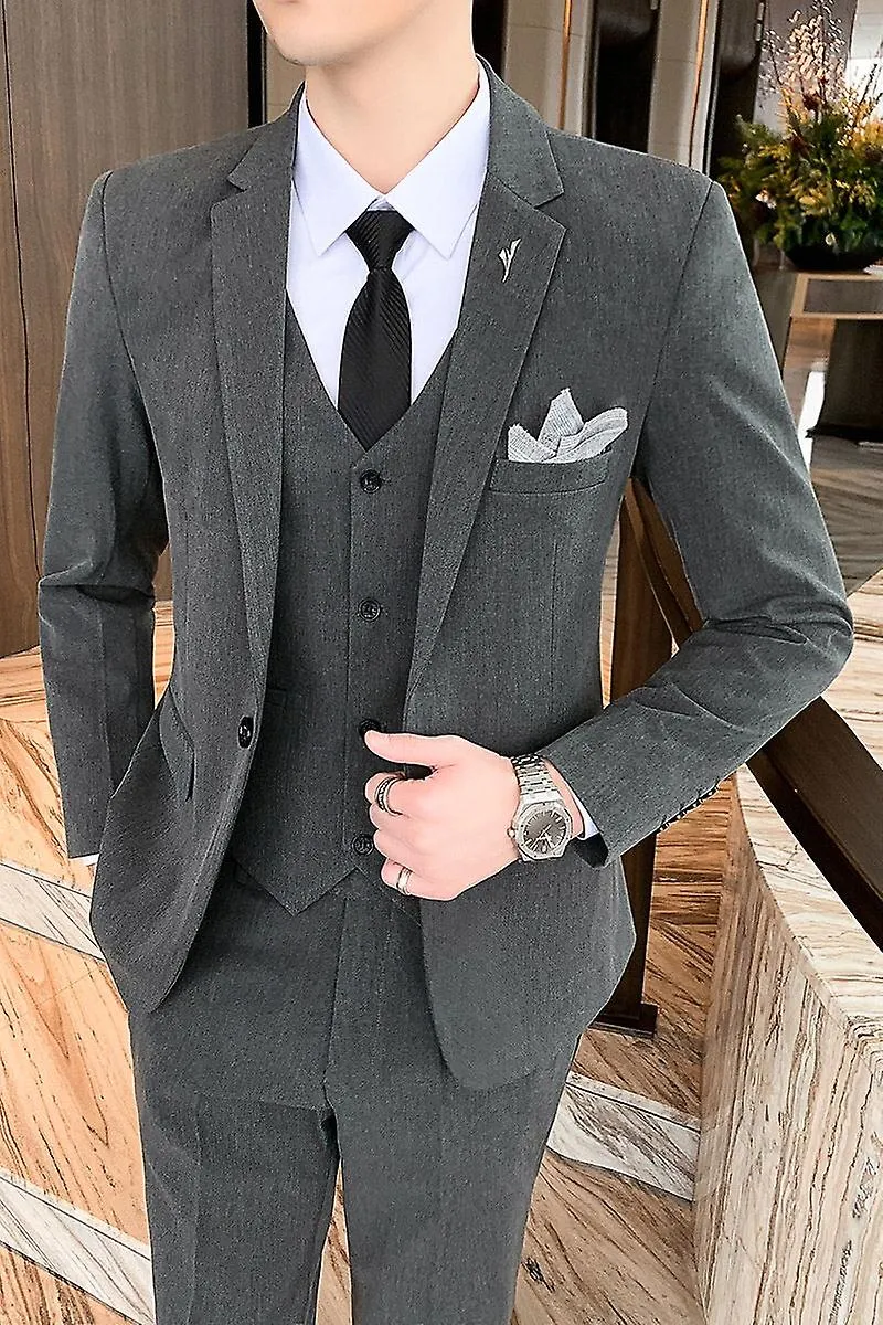 High Quality S-5xl (suit + Vest + Trousers) Men's Solid Color Fashion Business Formal Wear Work Wedding Groomsmen Dress Suit