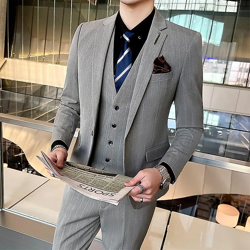 High Quality (suit + Vest + Trousers) British Style Fashion Business Work Party Wedding Men's Slim Suit Three-piece Suit