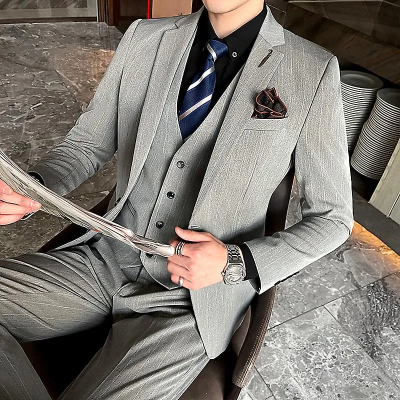 High Quality (suit + Vest + Trousers) British Style Fashion Business Work Party Wedding Men's Slim Suit Three-piece Suit