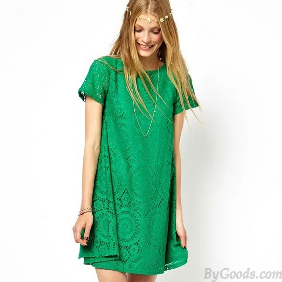 Loose Hollow Lace Short Sleeve Dress A-line Dress