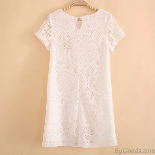 Loose Hollow Lace Short Sleeve Dress A-line Dress