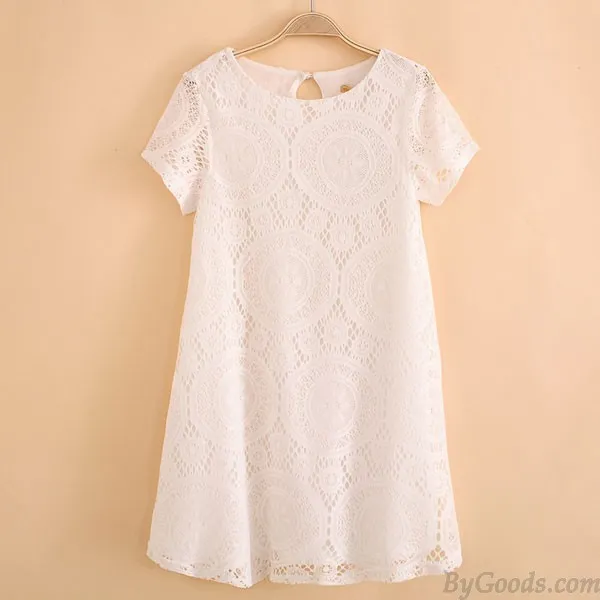 Loose Hollow Lace Short Sleeve Dress A-line Dress