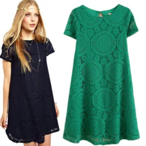 Loose Hollow Lace Short Sleeve Dress A-line Dress