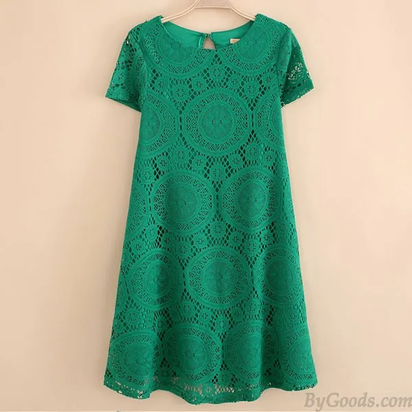 Loose Hollow Lace Short Sleeve Dress A-line Dress