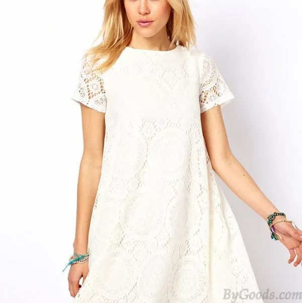 Loose Hollow Lace Short Sleeve Dress A-line Dress