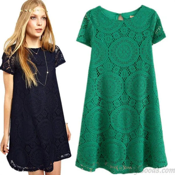 Loose Hollow Lace Short Sleeve Dress A-line Dress