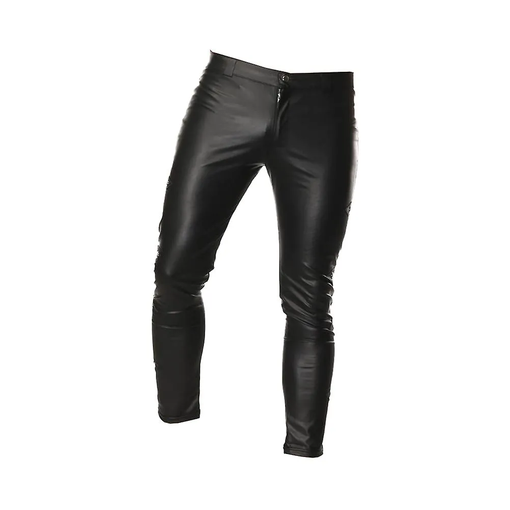 Men's Fashion Leather Look Long Pants Zipper Pouch Trousers Night Club Costume Size XXL (Black)