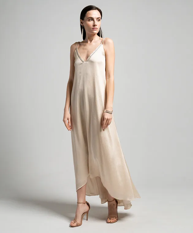 Peserico Beige asymmetric dress with monil chain