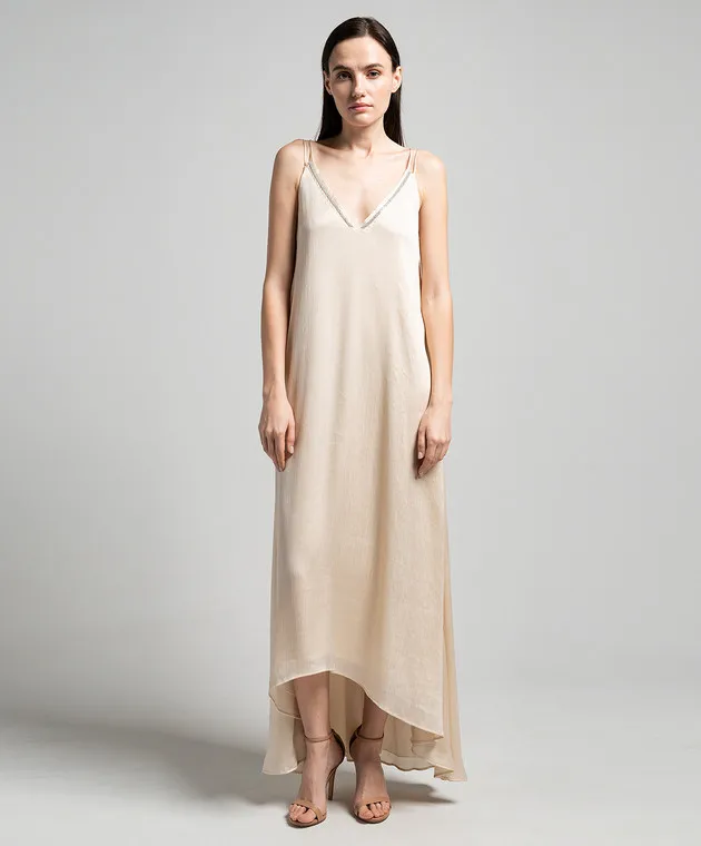 Peserico Beige asymmetric dress with monil chain