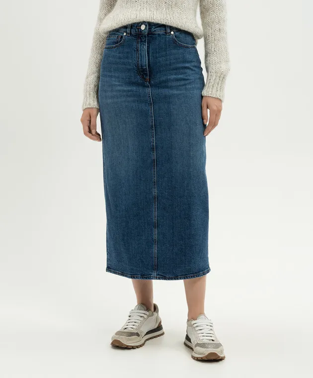 Peserico Blue distressed denim skirt with leather logo patch