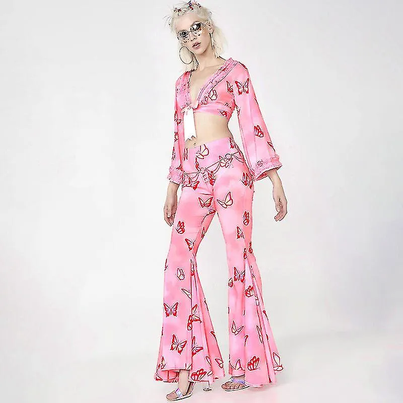 Pink Women Skinny Flared Pants High Waist Butterfly Print Trousers Hippie Boho Tight Bottoms