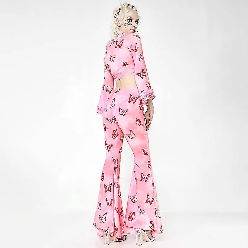 Pink Women Skinny Flared Pants High Waist Butterfly Print Trousers Hippie Boho Tight Bottoms