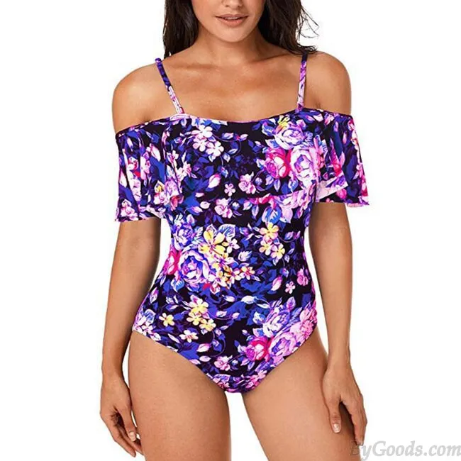 Sexy Women's Flower Leaves Print One Pieces Straps Beach Sling Swimsuit Bikini