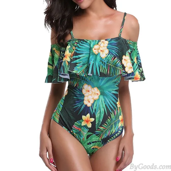 Sexy Women's Flower Leaves Print One Pieces Straps Beach Sling Swimsuit Bikini