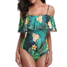 Sexy Women's Flower Leaves Print One Pieces Straps Beach Sling Swimsuit Bikini