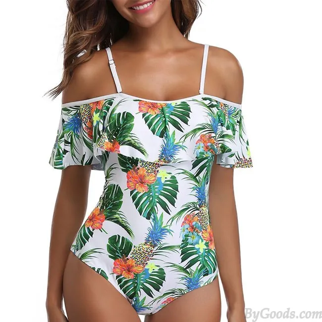 Sexy Women's Flower Leaves Print One Pieces Straps Beach Sling Swimsuit Bikini