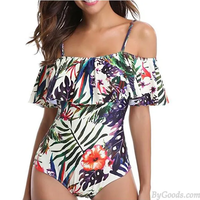 Sexy Women's Flower Leaves Print One Pieces Straps Beach Sling Swimsuit Bikini