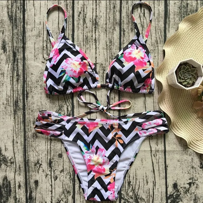 Sexy Women's Stripe Flower Print Bikini Two Pieces Floral Backless Swimsuit