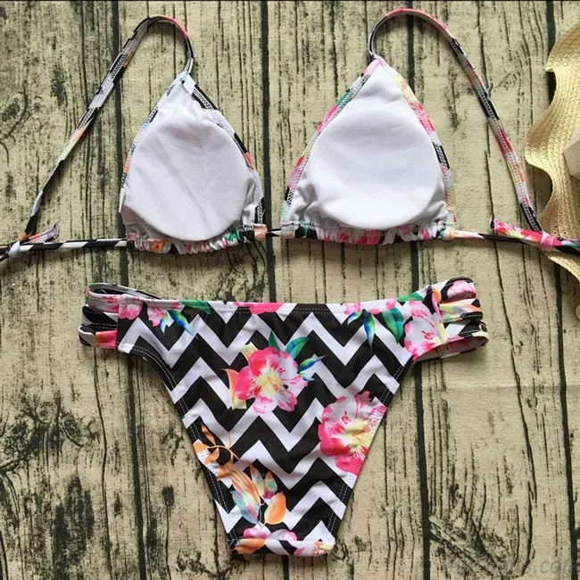 Sexy Women's Stripe Flower Print Bikini Two Pieces Floral Backless Swimsuit