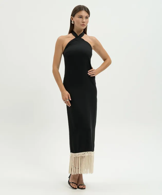 Taller Marmo Black Claudia dress with contrasting fringe