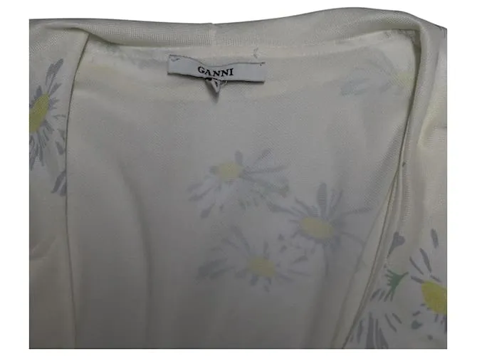 VESTIDO CRUZADO CON FLORES Y MANGAS A RAYAS GANNI EN POLIÉSTER BLANCO 