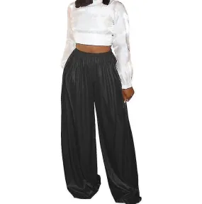 Women Metallic Straight Trousers Fash Mid Waist Wide Leg Pants