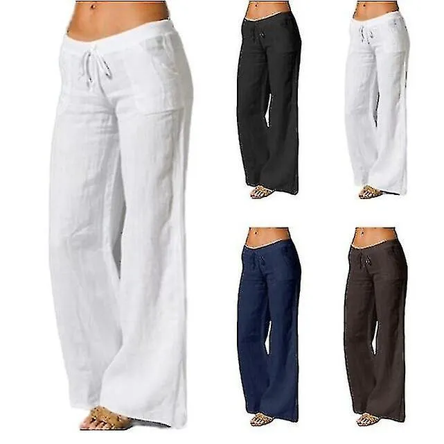 Women's Cotton Linen Wide Leg Pants Solid Casual Elastic Waist Long Trousers-eyzi