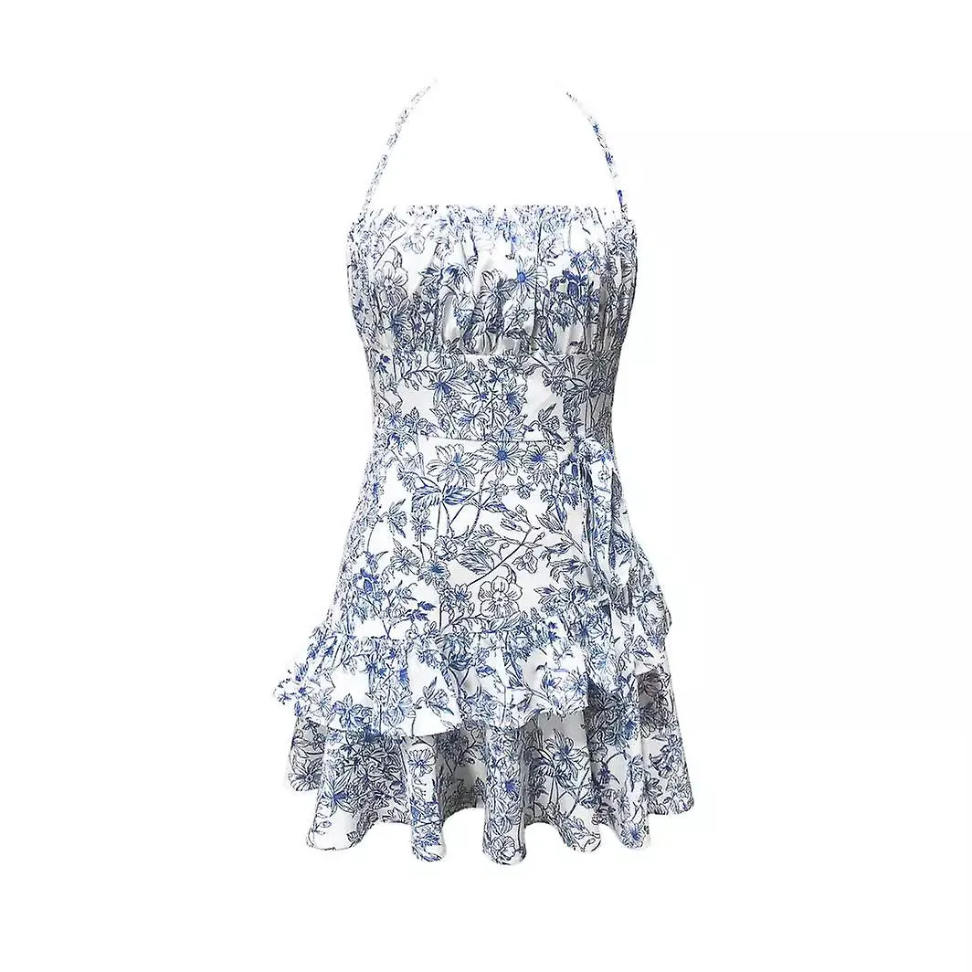 Women's dress with floral and ruffled edges, neck tied and sexy waist cinching short skirt