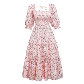 Women's Floral Dresses Backless Swing Dress Short-sleeve Round-neck Long Dress